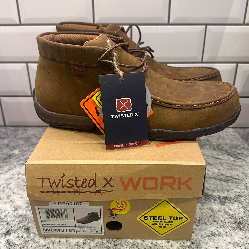 Twisted X Women's Distressed Saddle Steel Toe Driving Moc Work Boots 11 M
